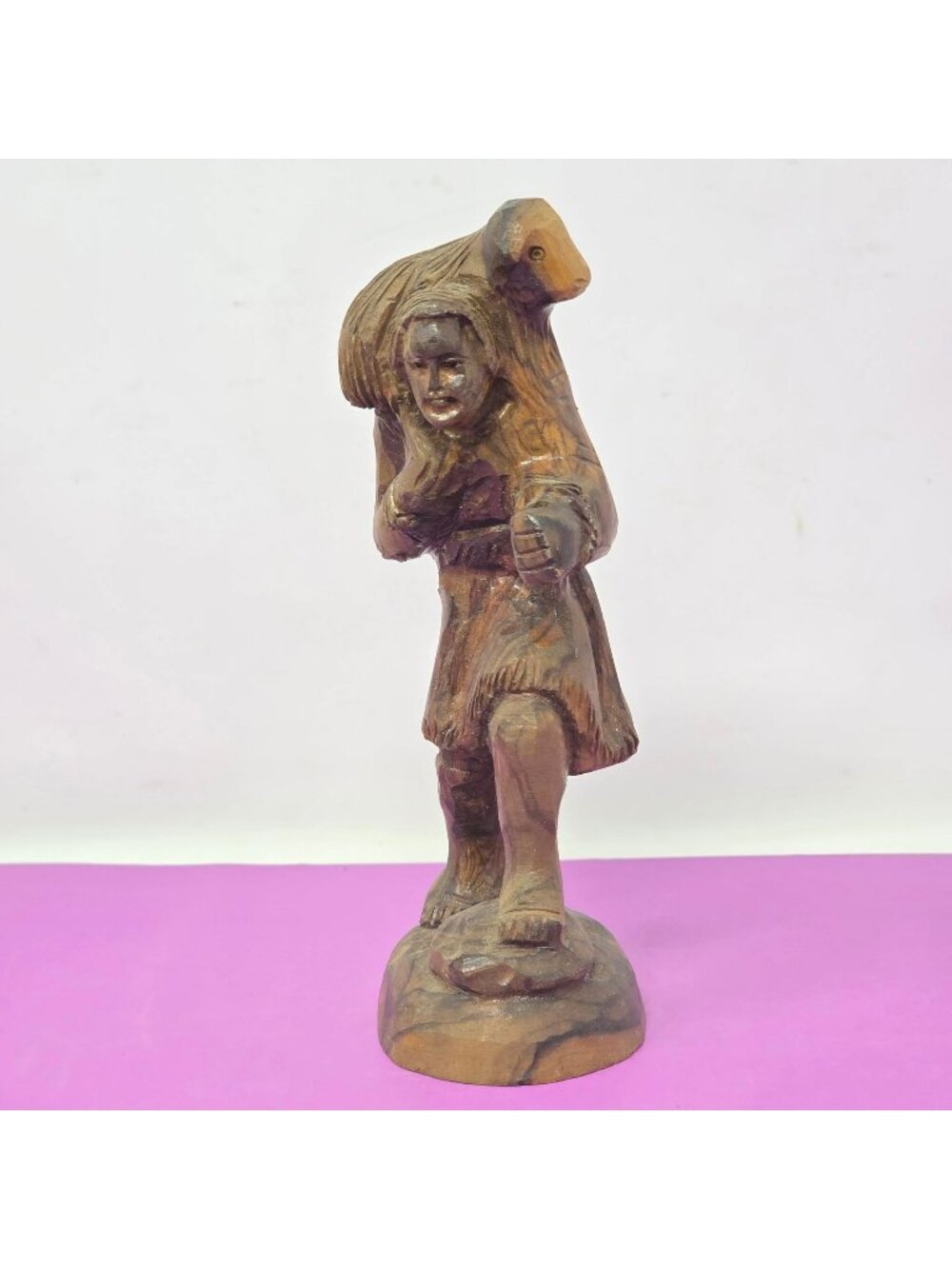 Hand-Carved Wooden Figurine Shepherd Carrying Sheep Shoulder Rustic Folk Decor